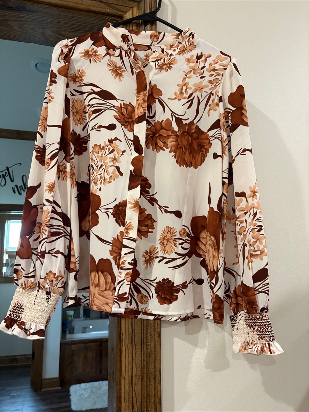 Floral Tie-Neck Blouse in Cream and Brown